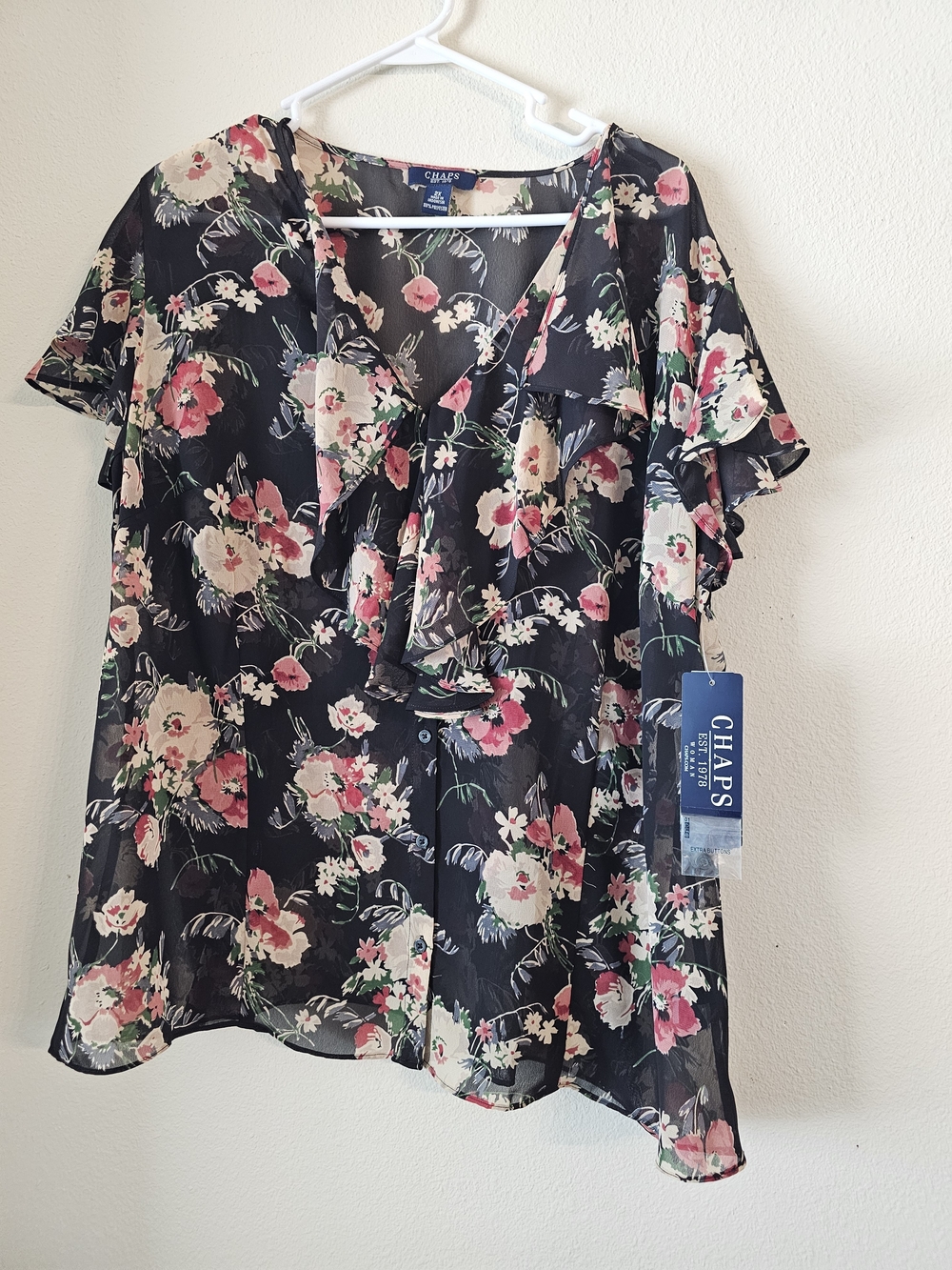 Chaps Black Floral Ruffle-Front Blouse with Pink & Cream Flowers